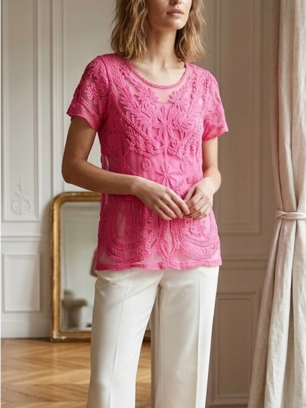 Pixley Layda Pink Lace Crochet Top and Tank Set Size S